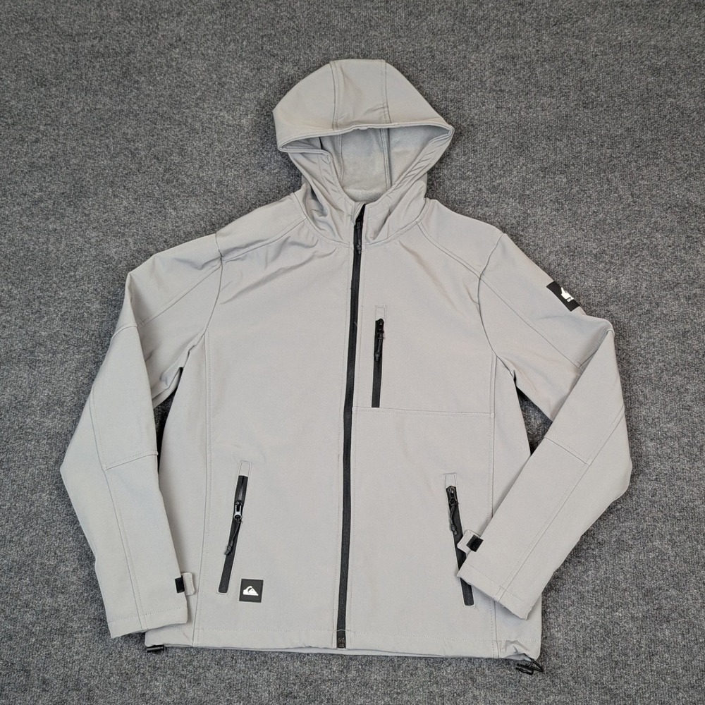 Quiksilver Windbreaker Mens Medium Grey Softshell Hooded Full Zip Up Jacket Logo